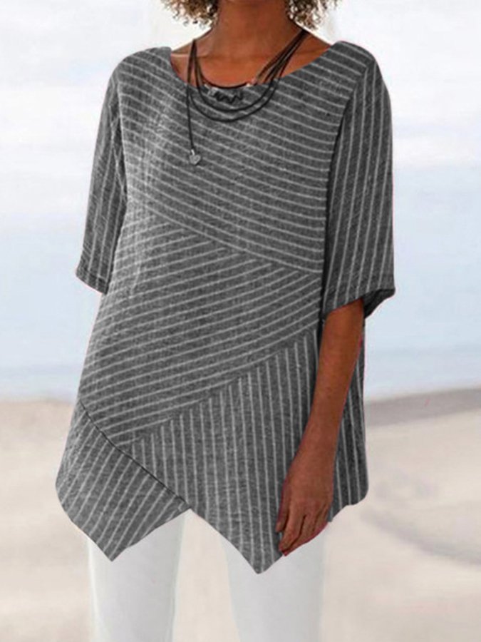 Women's Cotton Linen Fashion Round Neck Irregular Hem Striped Half Sleeve Top