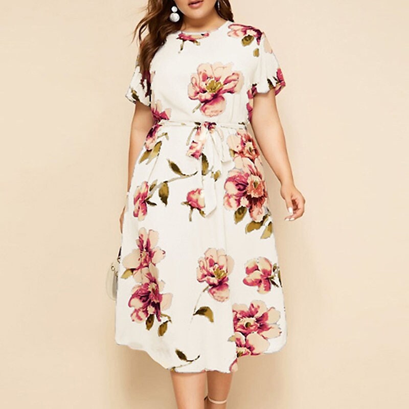 Women's Plus Size A Line Dress Floral Casual Midi Dress