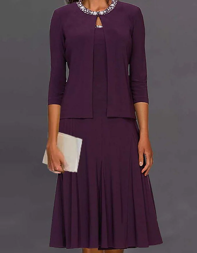 Women's Solid Color Layered Crew Neck Knee Length Casual Dress