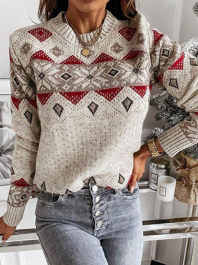 Casual Holiday Printed Long Sleeve Round Neck Sweater
