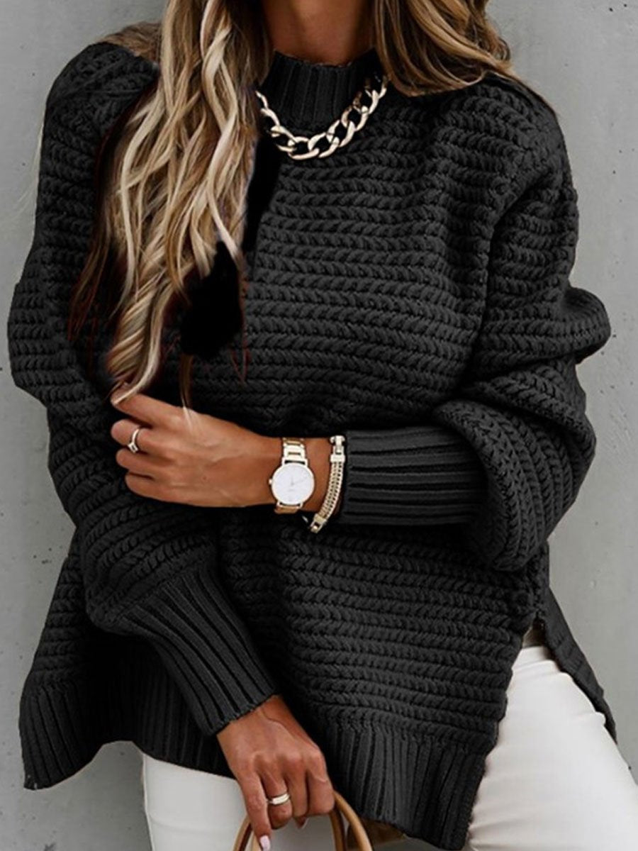 Solid color side slit knit sweater