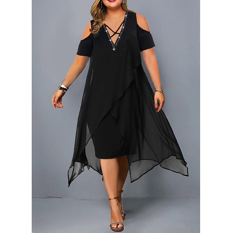 Women's Plus Size Holiday Dress Solid Color V Neck Ruched Short Sleeve Fall Spring Basic Casual Sexy Midi Dress Daily Weekend Dress / Cotton / Mesh