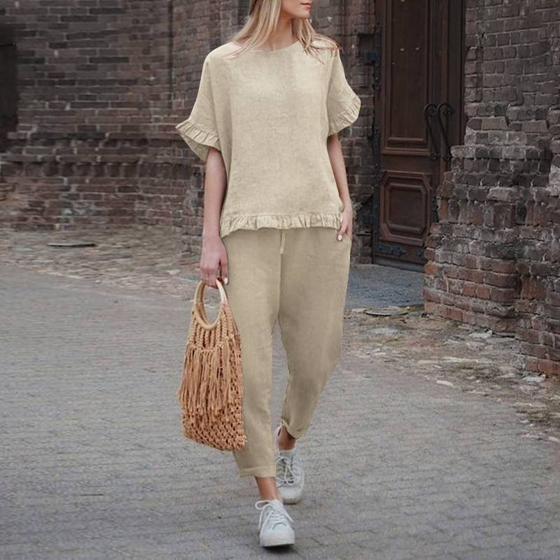 Cotton and linen short sleeve top + trousers loose fitting suit