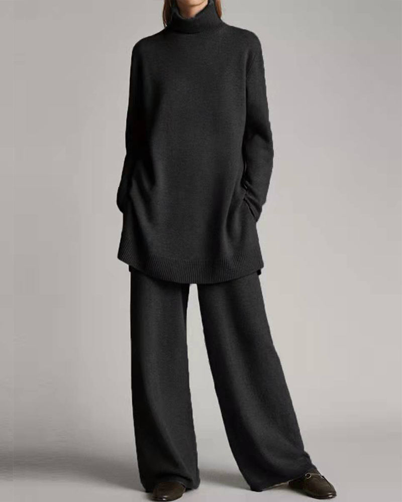 Knitted Turtleneck Top Two-Piece Pants