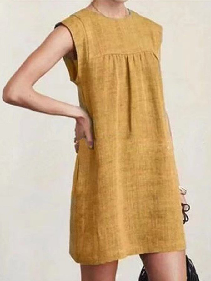 Ladies cotton linen casual solid color dress