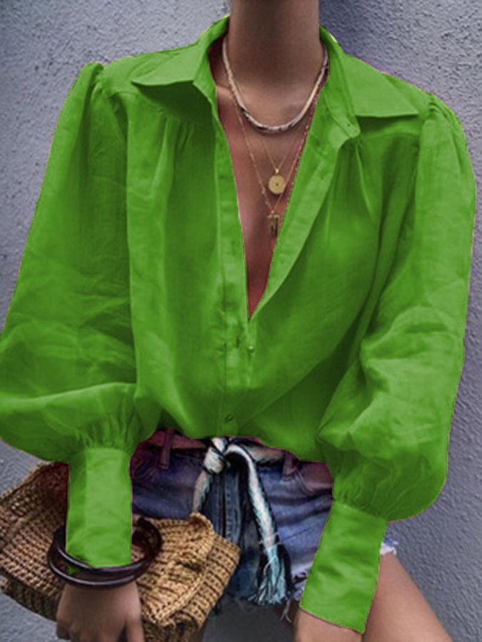 Women's Solid Color Pleated Long Sleeve Shirt