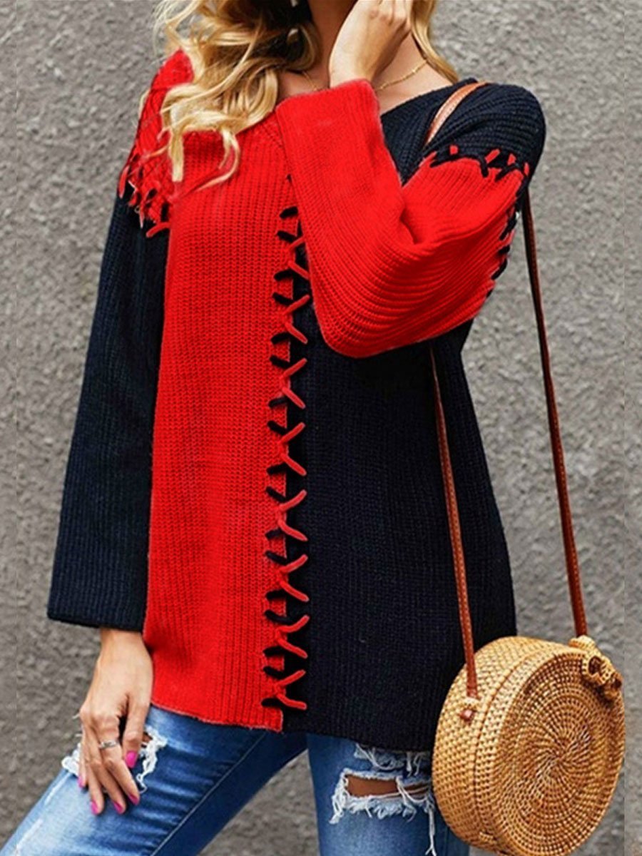 Contrast patch panel long-sleeved knitted sweater