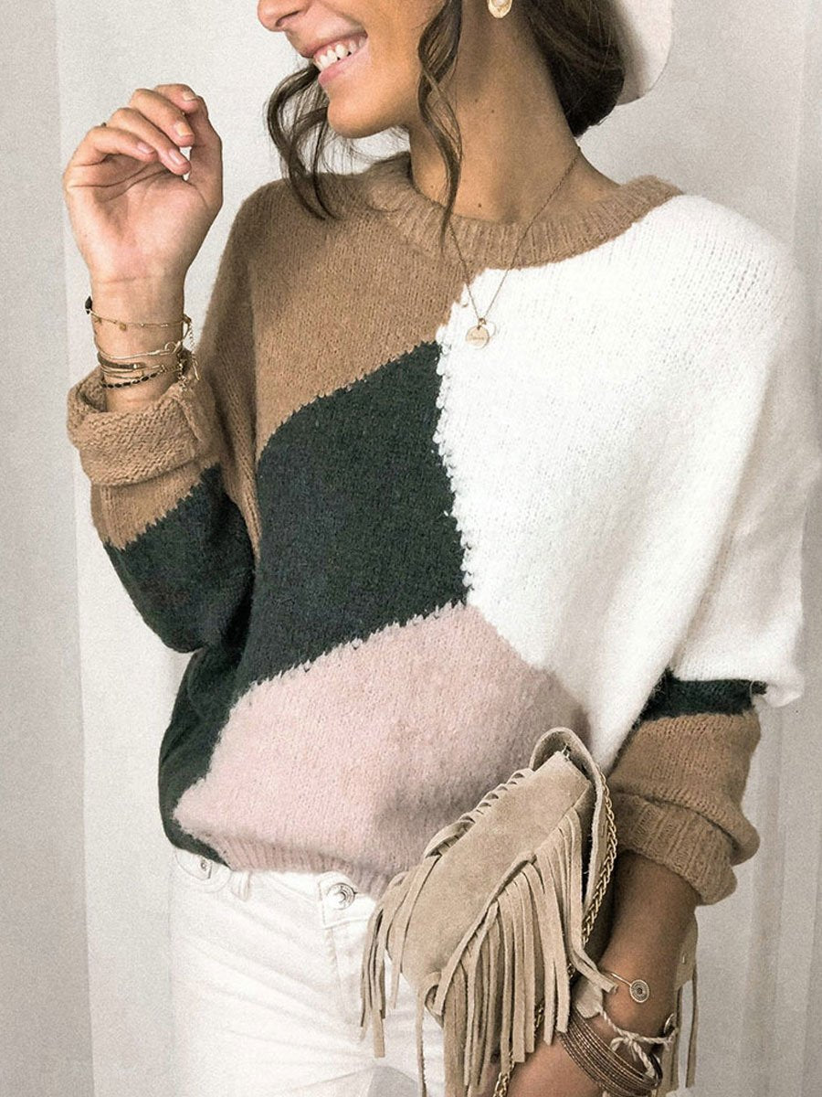 Round neck loose contrast stitching sweater