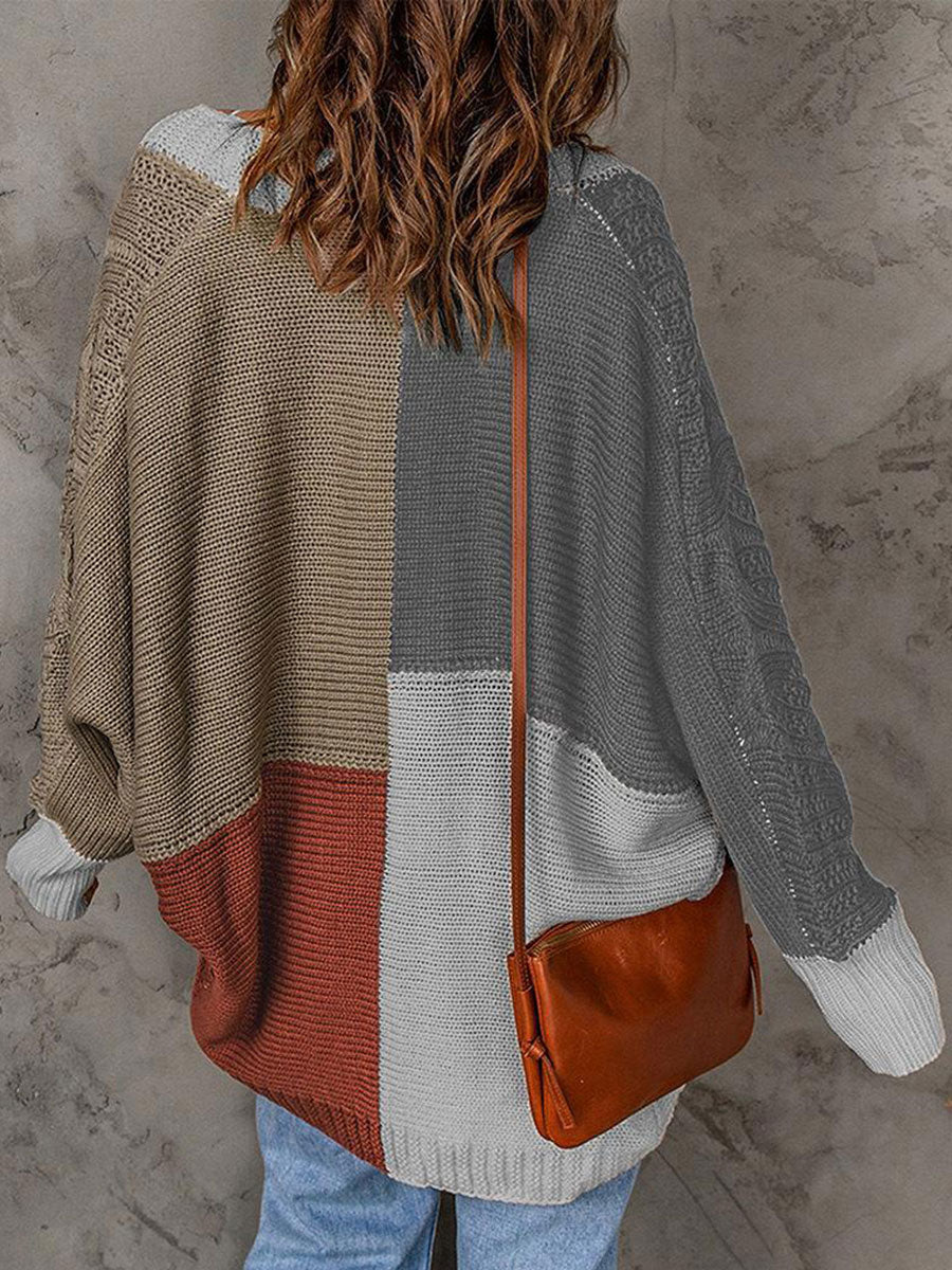 Casual Loose Sweater Contrast Panel Cardigan