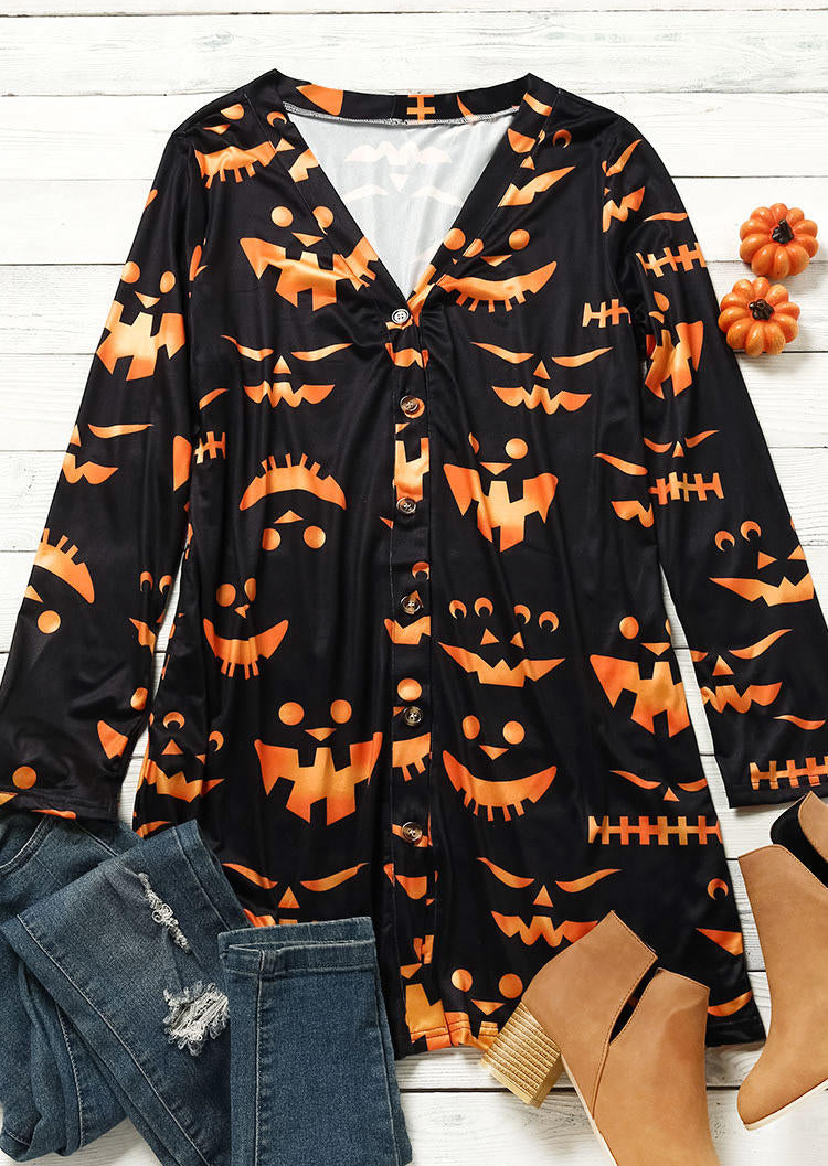Halloween Pumpkin Face Button Cardigan - Black