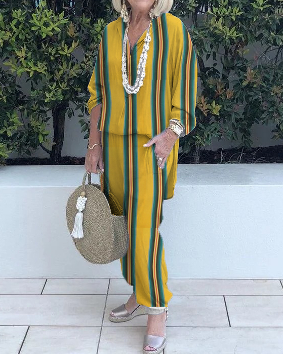 Yellow Striped Shirt and Trousers Two-Piece Suit