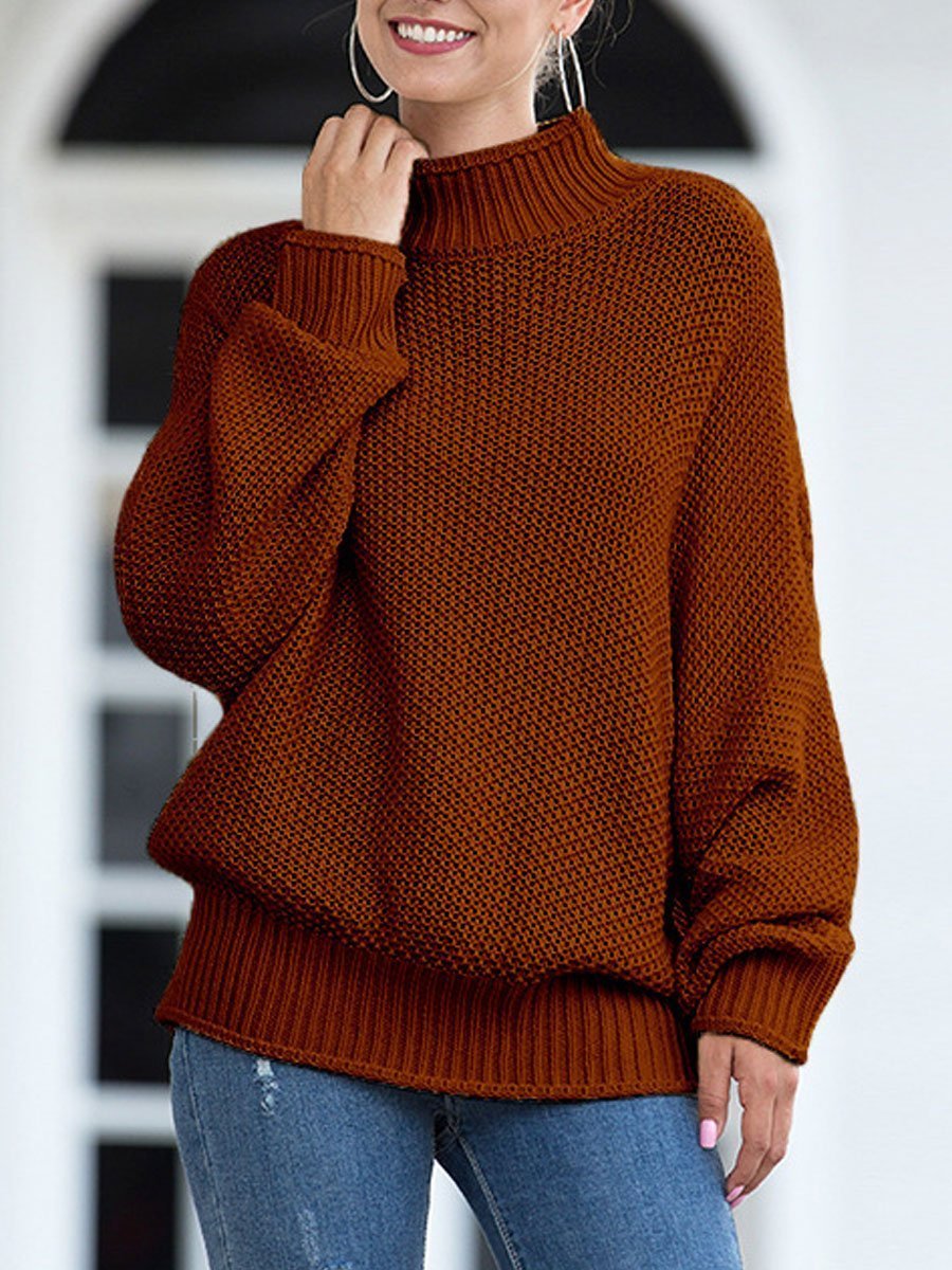 Rolled high neck bat sleeve knit sweater
