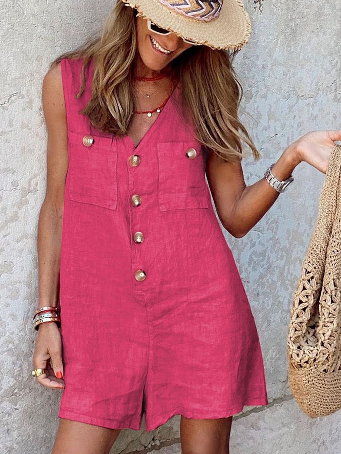 Ladies Cotton Linen V-Neck Button Patch Pocket Jumpsuit