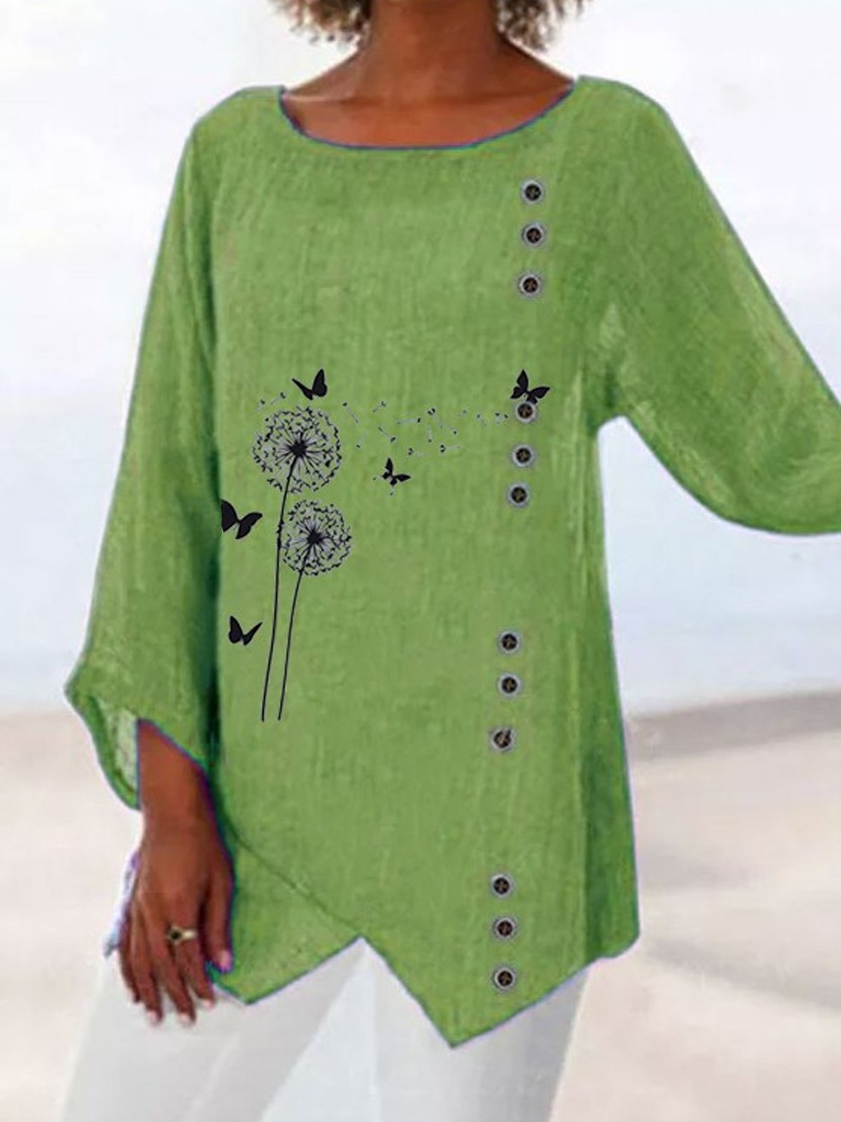 Women's Butterfly Print Irregular Cotton Shirt