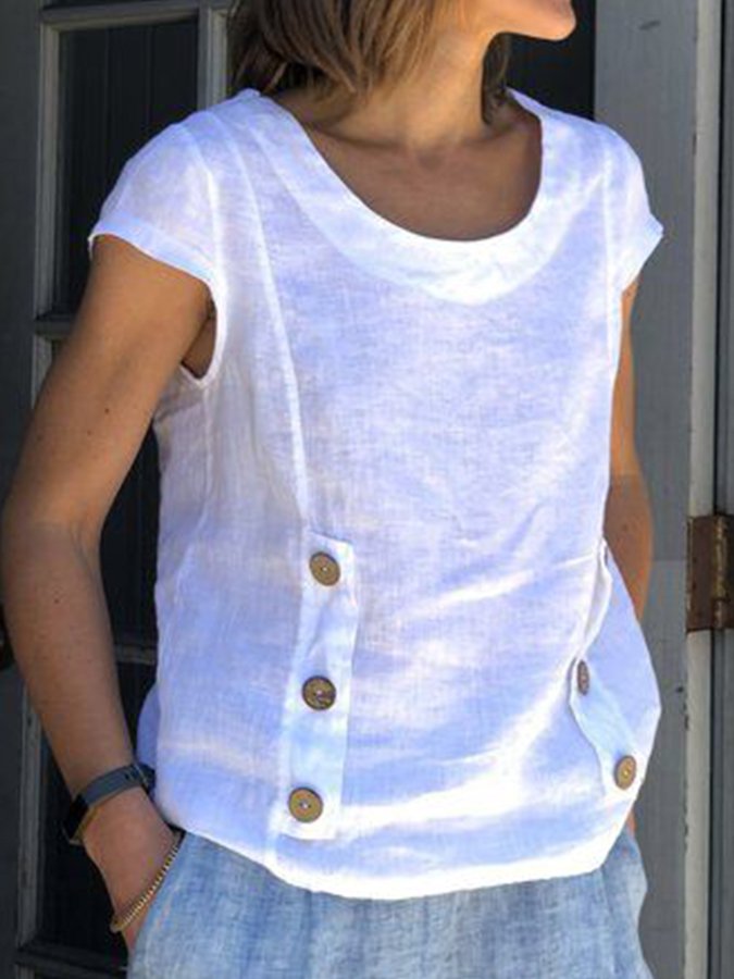 Women's cotton linen casual round neck top