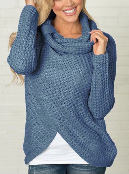 Solid Buttoned Long Sleeve Knitted Turtle Neck Sweater