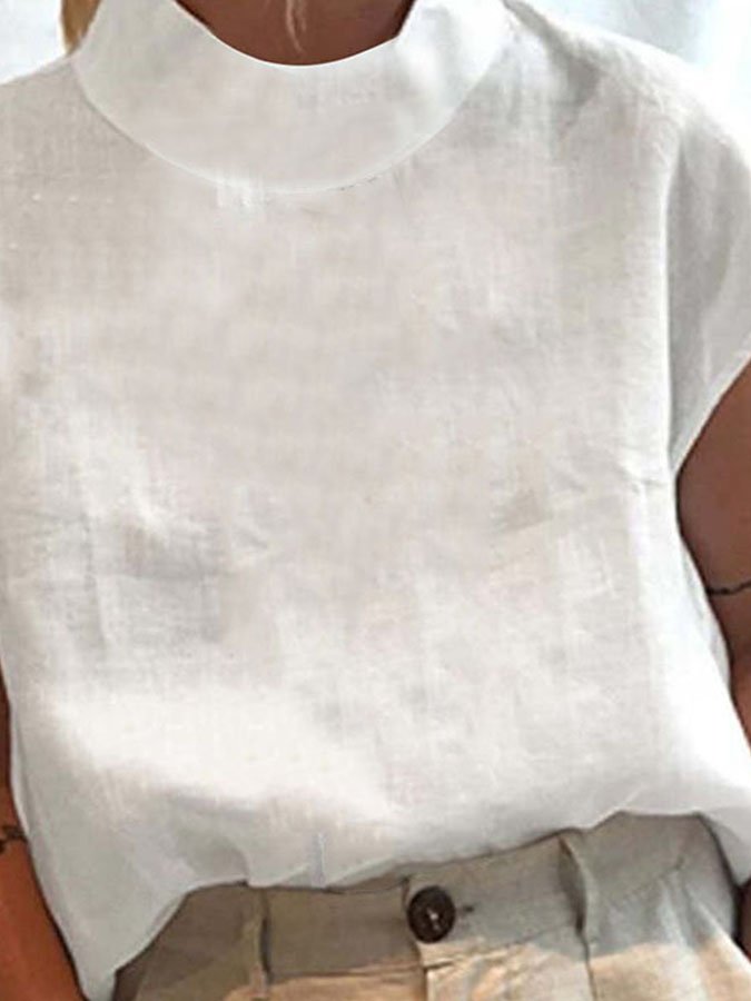 Solid Color Cotton Linen Turtleneck Shirt