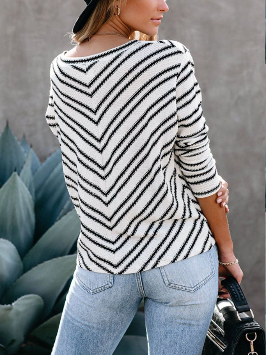 Striped V-neck Oblique Shoulder Long sleeved Sweater