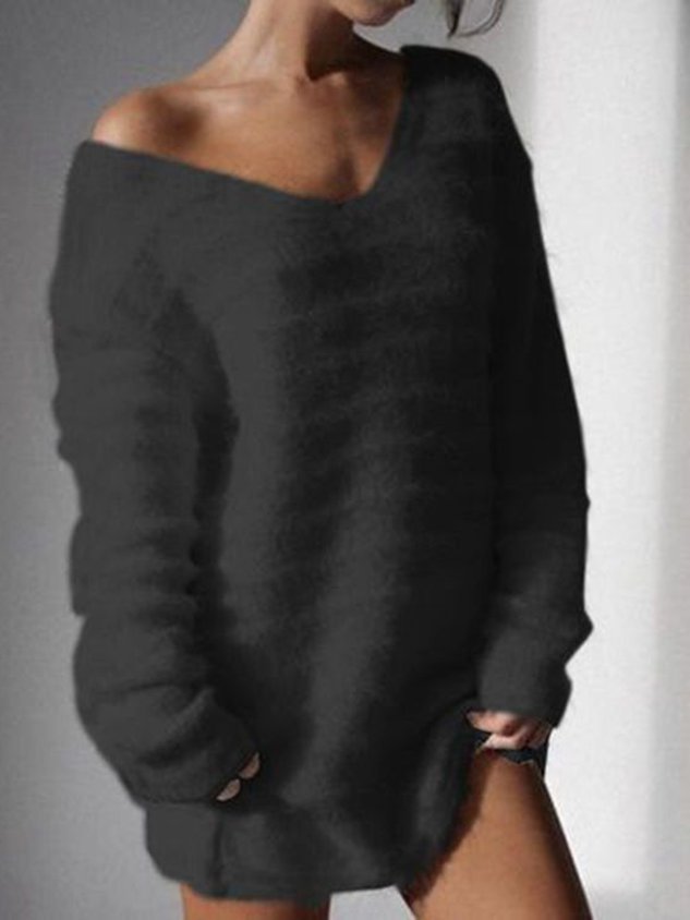 Long Sleeve Solid Cashmere Sweet Fleece Fuzzy Sweaters