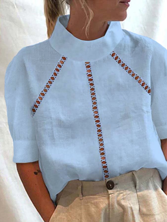 Women's Cotton Linen Turtleneck Lace Mid Sleeve Shirt