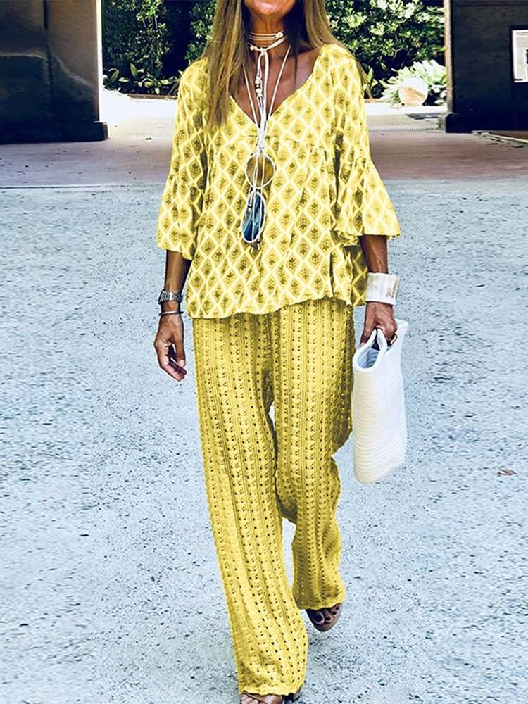 Spring Printed Women Matching Sets Two Pieces Short Sleeve V-Neck Blouse Bohemian Elastic Pants 2022 Tracksuit Outfit