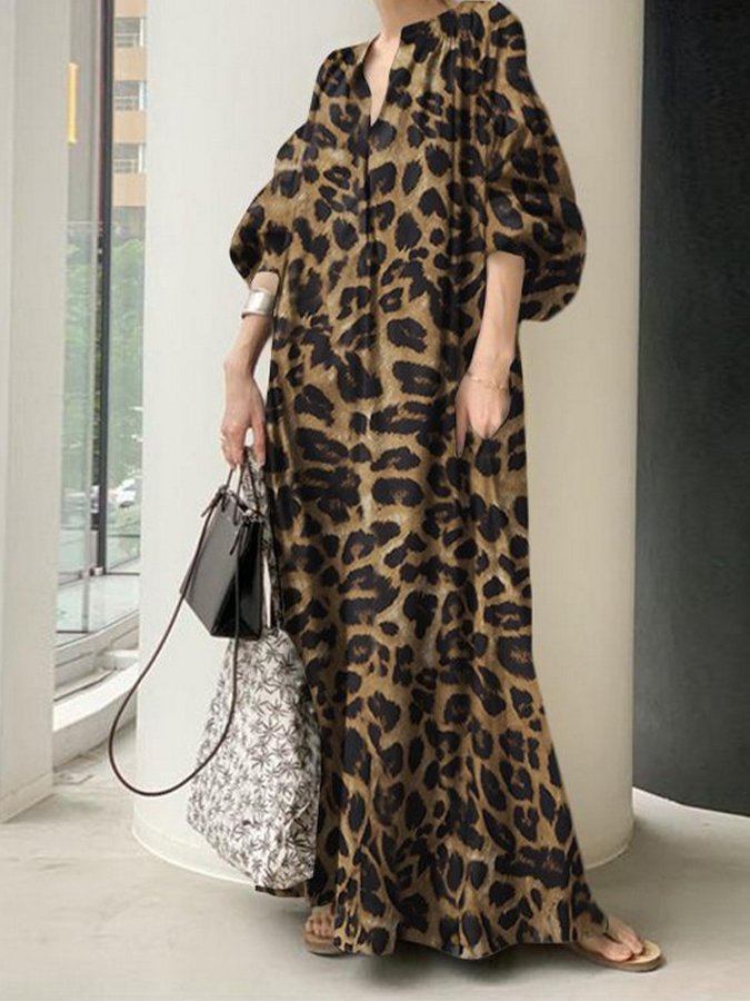 Women's Retro Leopard Print Casual Loose Balloon Sleeve Dress