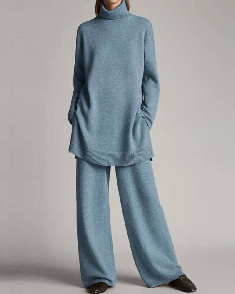 Knitted Turtleneck Top Two-Piece Pants