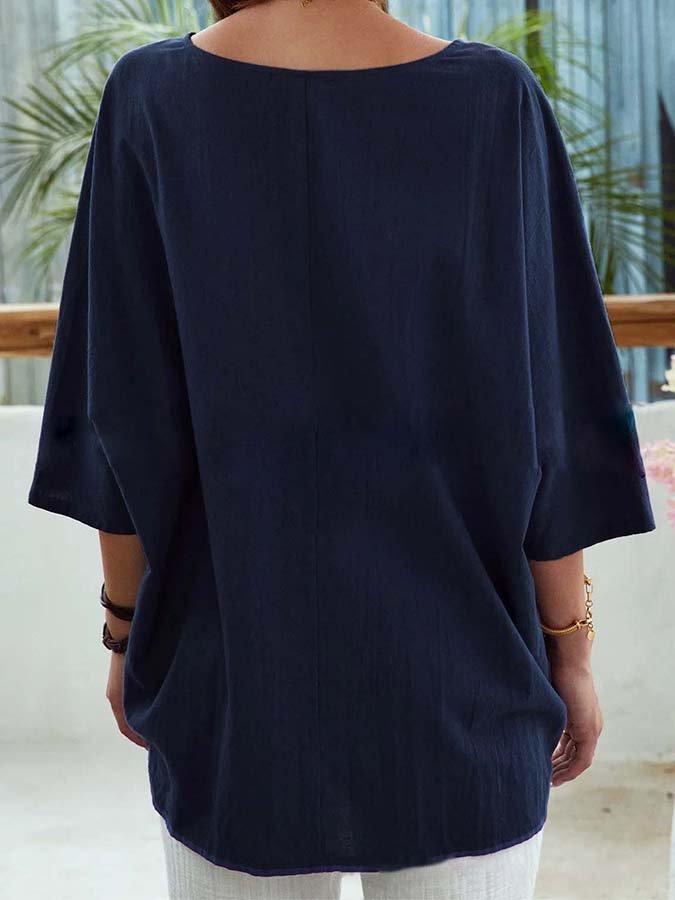 Women's Linen 3/4 Sleeve Crew Neck Button Down Shirt