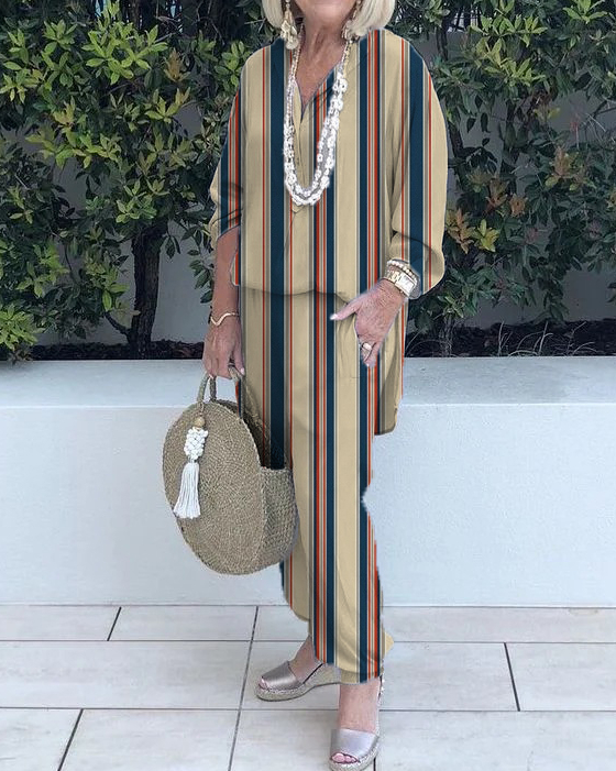 Yellow Striped Shirt and Trousers Two-Piece Suit