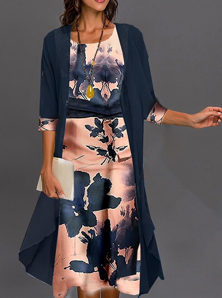 Women's Dress Set Two Piece Dress Midi Dress Blue 3/4 Length Sleeve Print Print Fall Winter Crew Neck Fashion Modern 2022 S M L XL 2XL 3XL