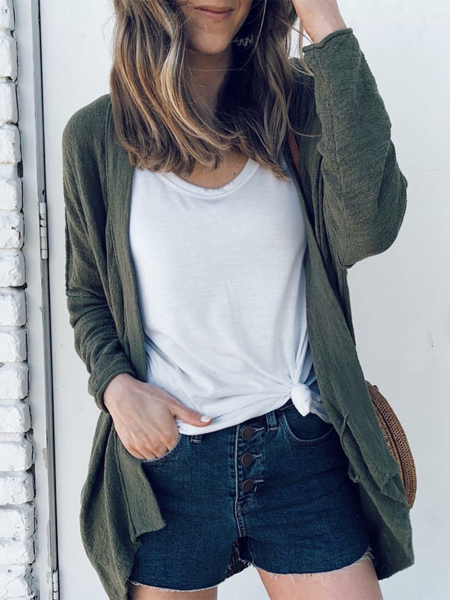 Knitted Solid Color Irregular Hem Cardigan