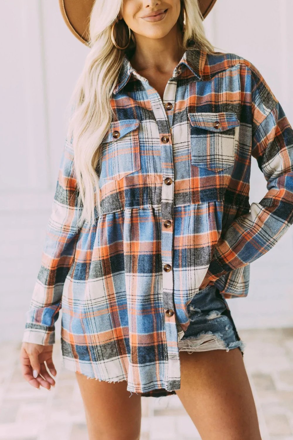 Fashion plaid print buttons collar women shirt