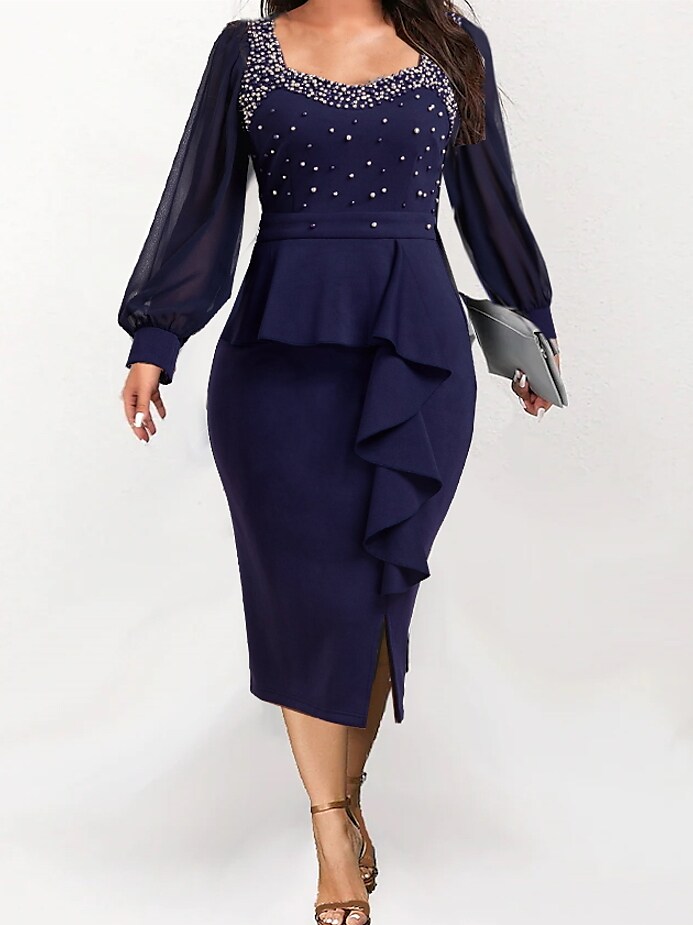 Women's Plus Size Sheath Dress Polka Dot Square Neck Long Sleeve Winter Fall Stylish Elegant Midi Dress Date Work Dress
