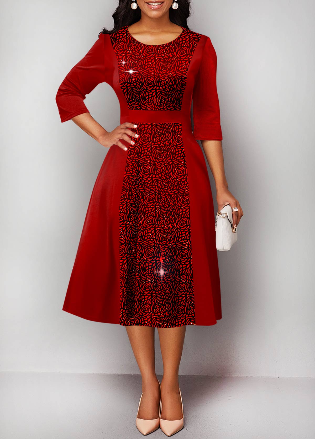 Red Hot Stamping Round Neck Dress