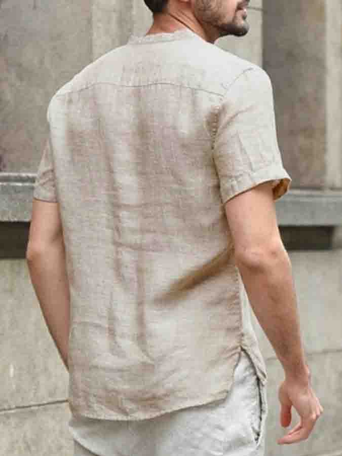 Men's Stand Collar Cotton Linen Short Sleeve Shirt
