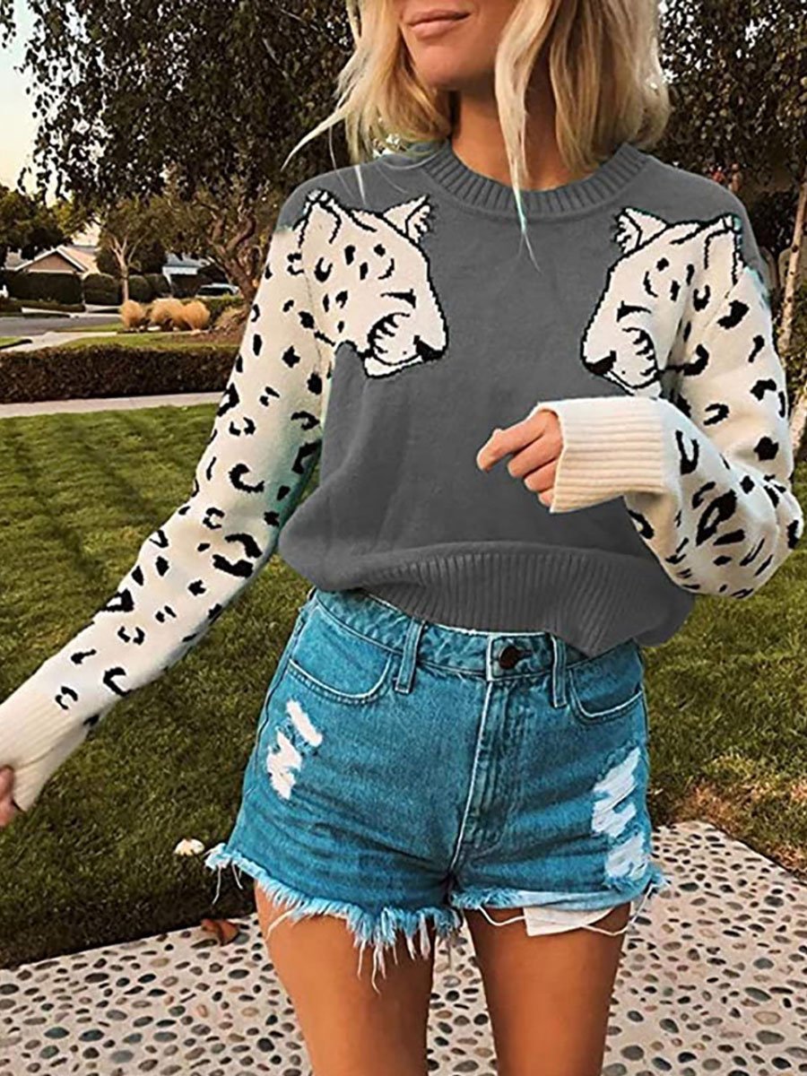 Two Leopard Head Color-block Sweaters
