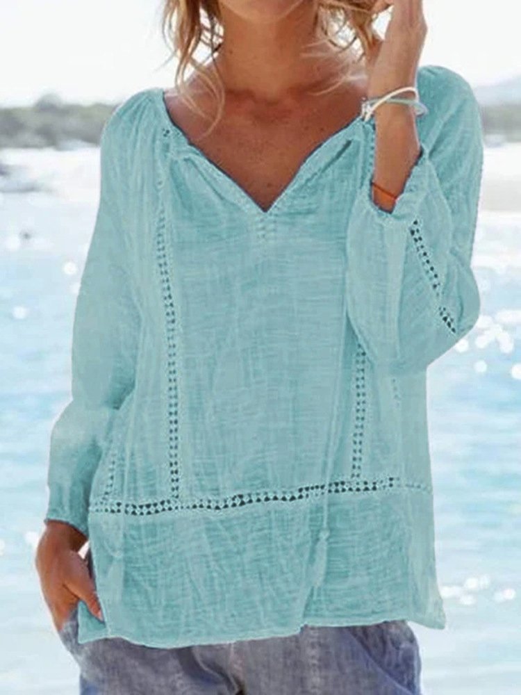 Solid Color Long Sleeve V-Neck Casual Shirt