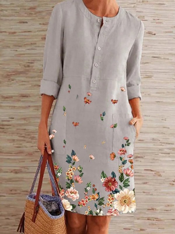 Women's Printed Crew Neck Mid Waist Dress