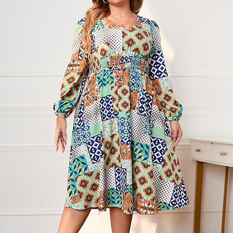 Women's Plus Size Casual Dress Geometric V Neck Long Sleeve Fall Winter Casual Midi Dress Causal Daily Dress