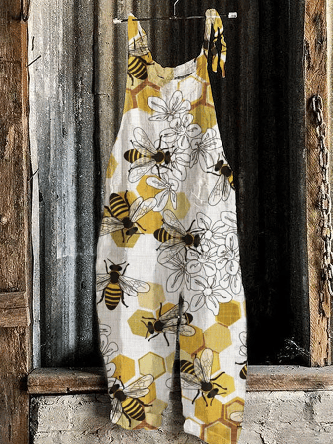 Women's Casual Bee Print Jumpsuit Suspenders