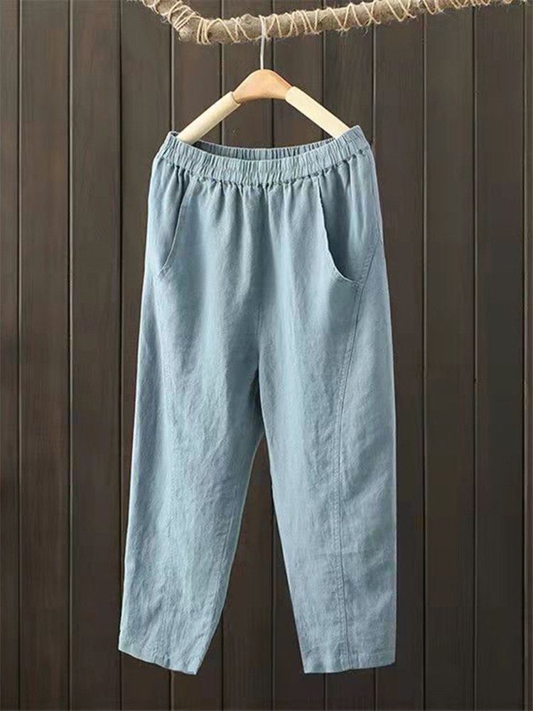 Women's Casual Solid Color Elastic Waist  Capri Pants