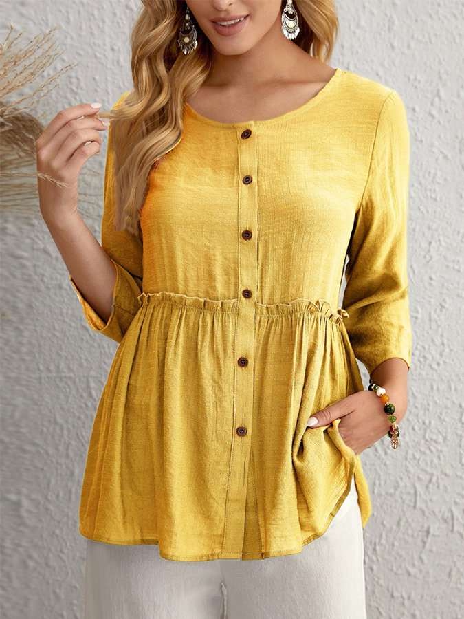 Ladies Cotton Linen Casual Round Neck Shirt