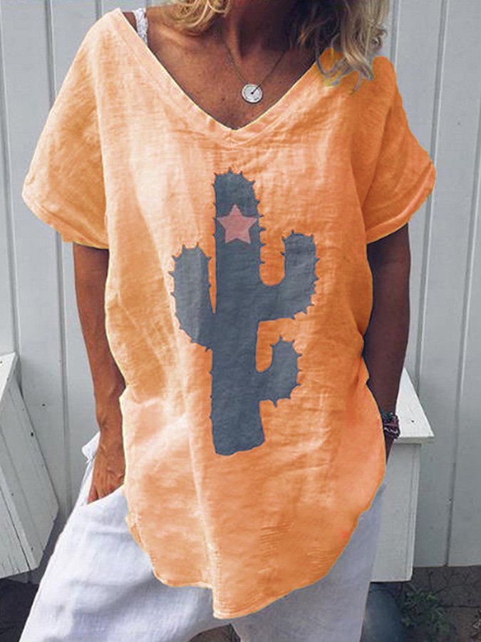 Ladies Cotton Linen Print Casual Top