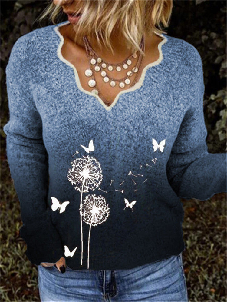 Women's Printed Dandelion Sweater Long Sleeve V-Neck Top