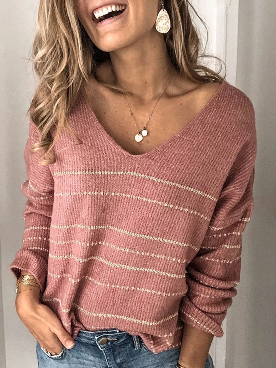 Solid Knitwear Casual Stripe V-Neck Sweater