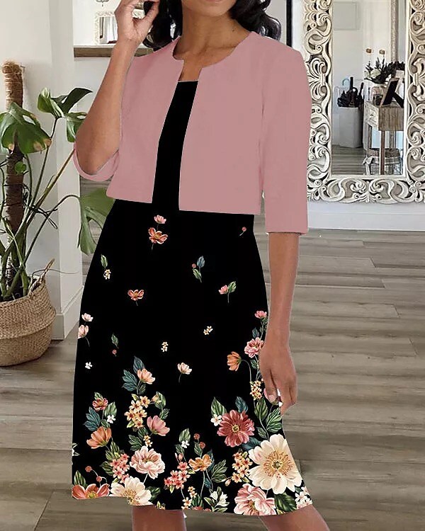 Two-Piece Women's A Line Dress Set Print Crew Neck Casual
