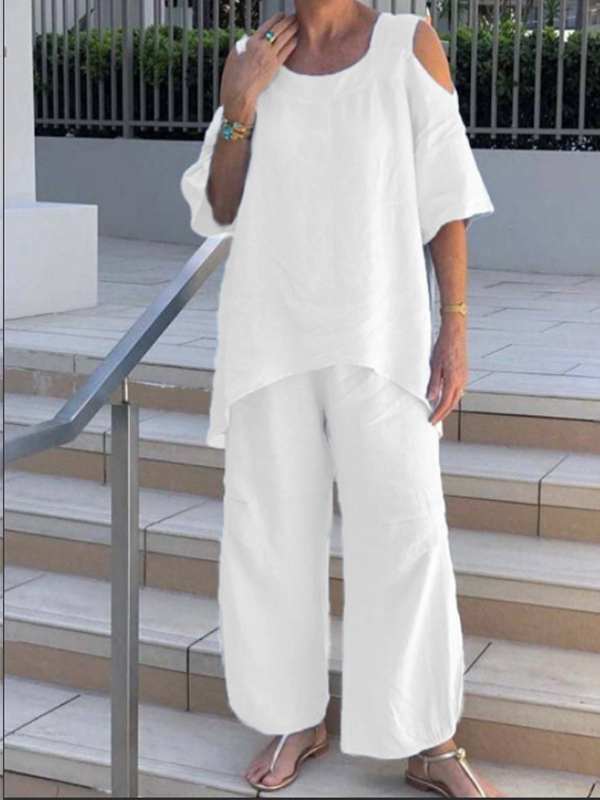 Fashion round neck cotton linen short sleeve Pants Set