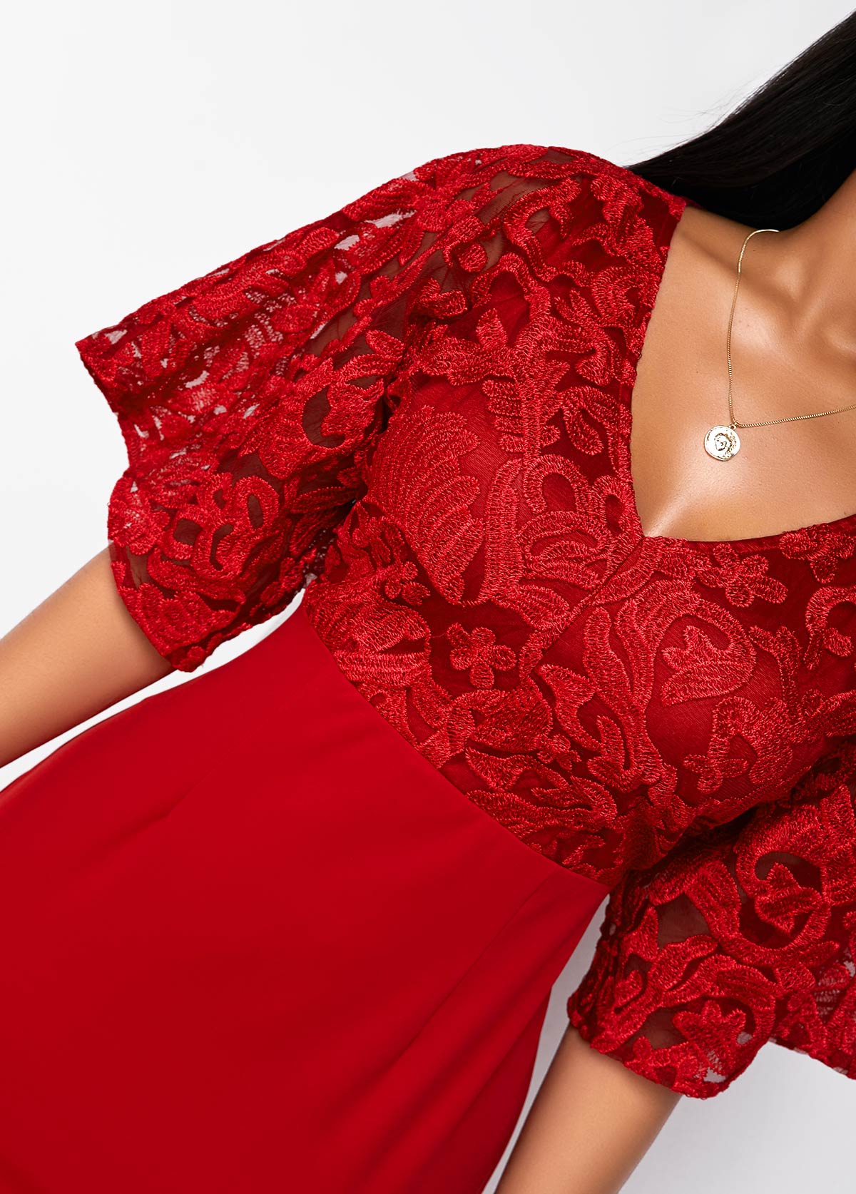 Solid Lace Patchwork 3/4 Sleeve V Neck Dress