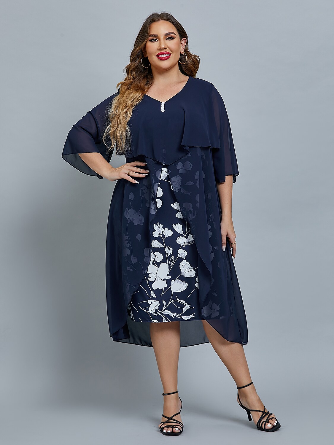 Women's Plus Size Curve Party Dress Floral V Neck Mesh 3/4 Length Sleeve Fall Spring Elegant Midi Dress Party Date Dress / Layered / Print