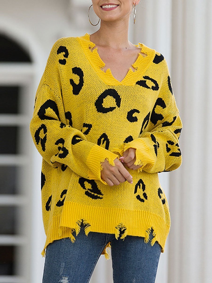 Leopard V-neck Hole Sweater